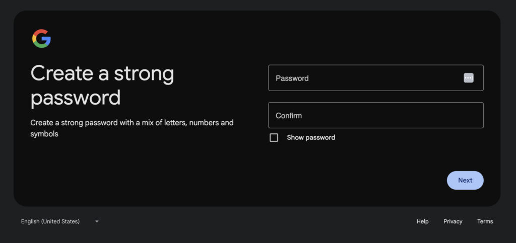 Create a strong password form fields. 